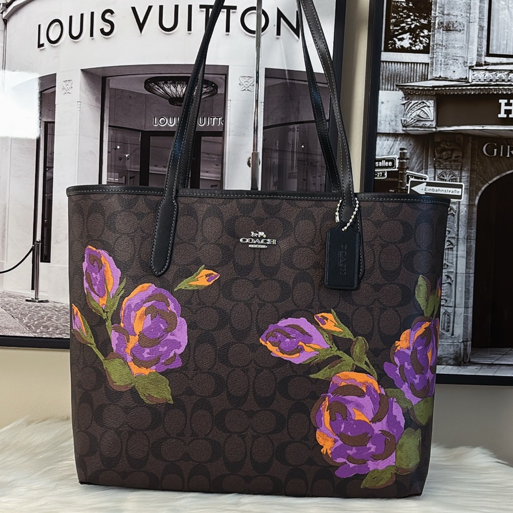 NWT COACH CITY TOTE IN SIGNATURE CANVAS WITH ROSE PRINT